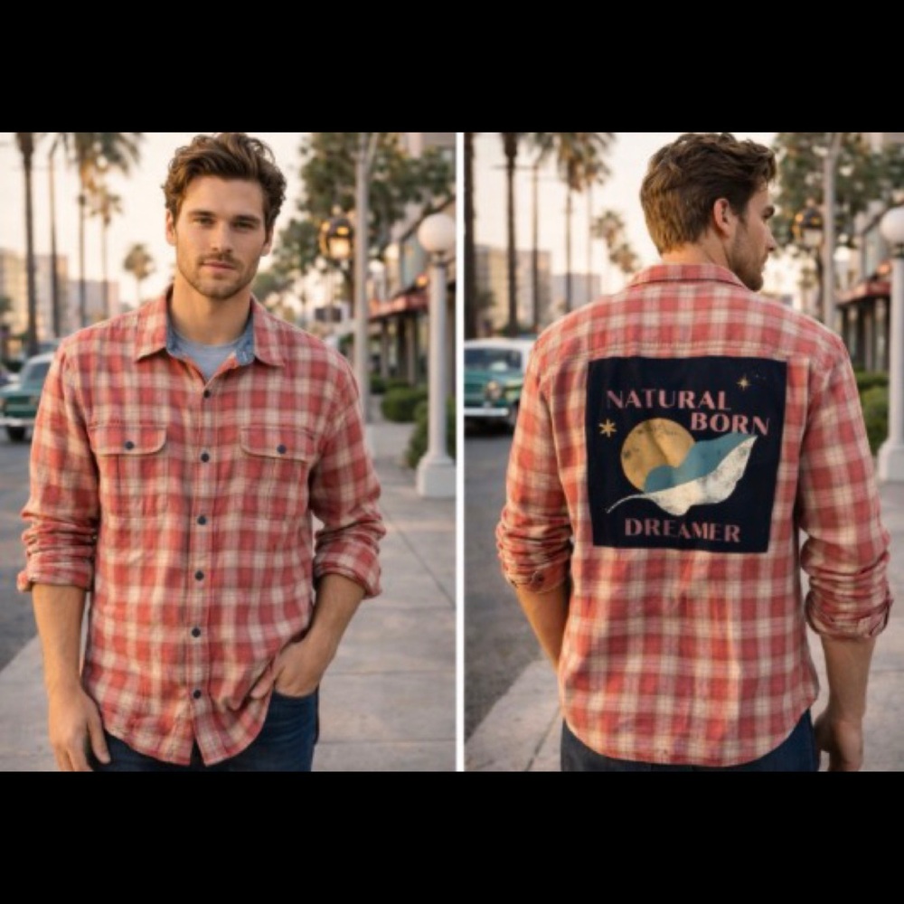 Gap Red Plaid Upcycled Patchwork Graphic Natural … - image 1